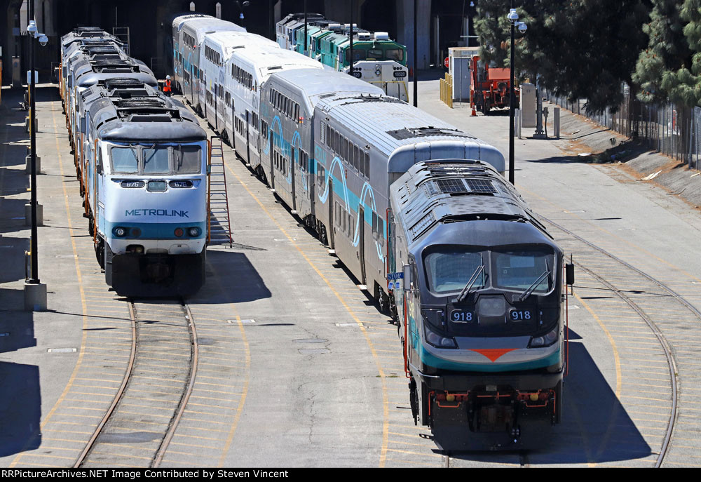 Metrolink #918 with test train at Keller yard with two old Bombardier cars (122,161) that were repainted by Talgo Shops (Milwaukee)